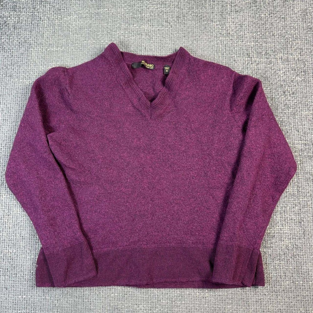Murano V-Neck Sweater Women M Purple 100% Merino Wool Italian Yarn Preppy